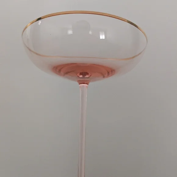 Anthropologie Elegant Pink Glass Champagne Coupe with Gold Rim - Picture 4 of 11